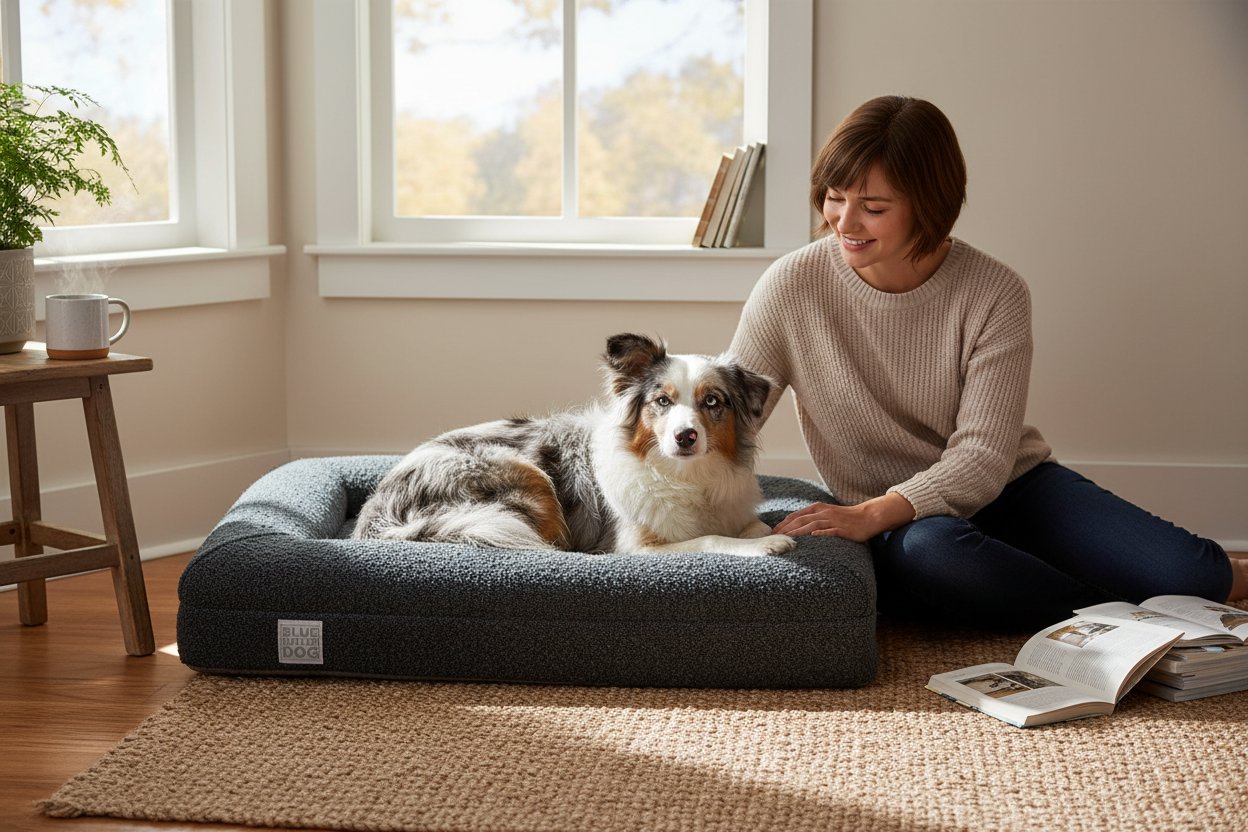 Ocean blue boucle orthopedic memory foam dog bed with waterproof liner and machine-washable cover, small size — view 1