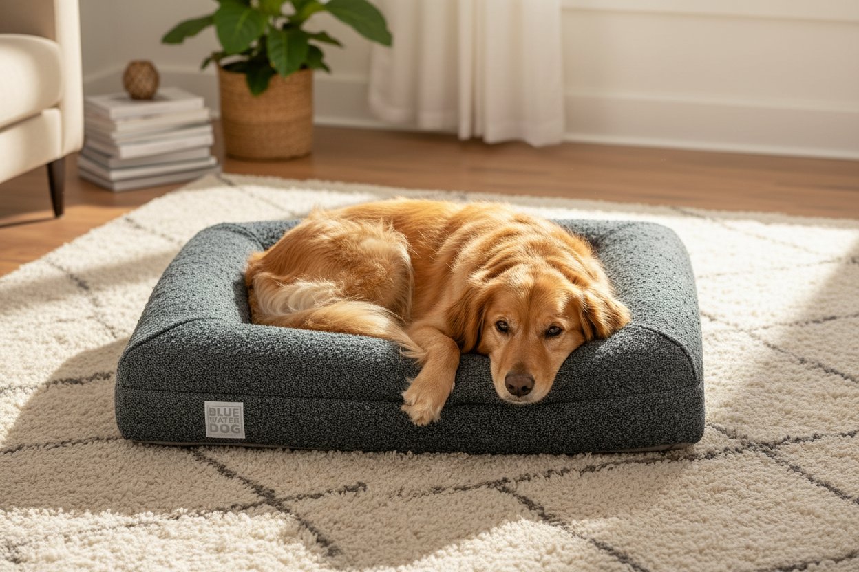 Ocean blue boucle orthopedic memory foam dog bed with waterproof liner and machine-washable cover, small size — view 3a
