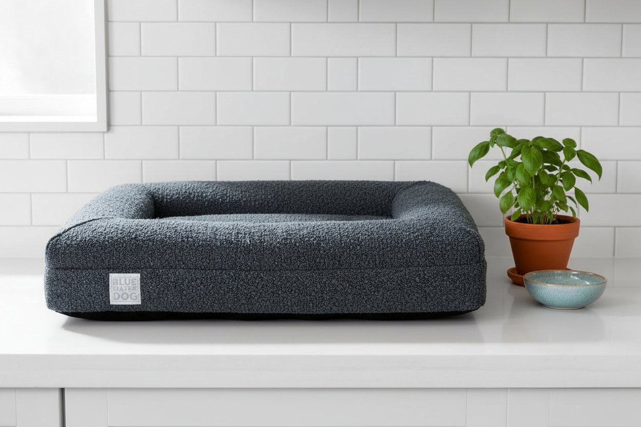 Ocean blue boucle orthopedic memory foam dog bed with waterproof liner and machine-washable cover, small size — view 5a