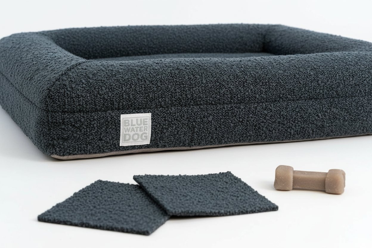 Ocean blue boucle orthopedic memory foam dog bed with waterproof liner and machine-washable cover, small size — view 5b