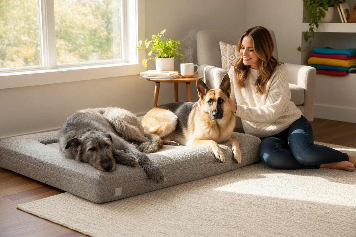 Sand boucle orthopedic memory foam dog bed with waterproof liner and machine-washable cover, size X-Large — view 1