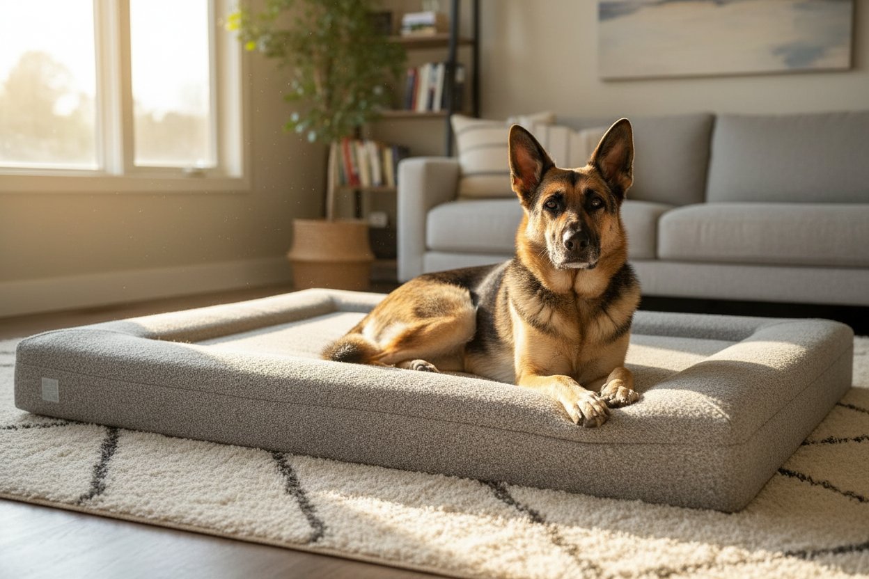 Sand boucle orthopedic memory foam dog bed with waterproof liner and machine-washable cover, size X-Large — view 3a