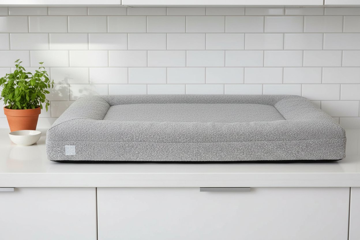 Sand boucle orthopedic memory foam dog bed with waterproof liner and machine-washable cover, size X-Large — view 5a