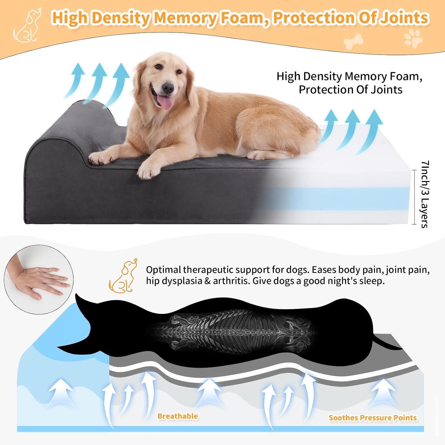 Grey orthopedic memory foam dog bed for large dogs with waterproof liner and removable microsuede cover — view 2