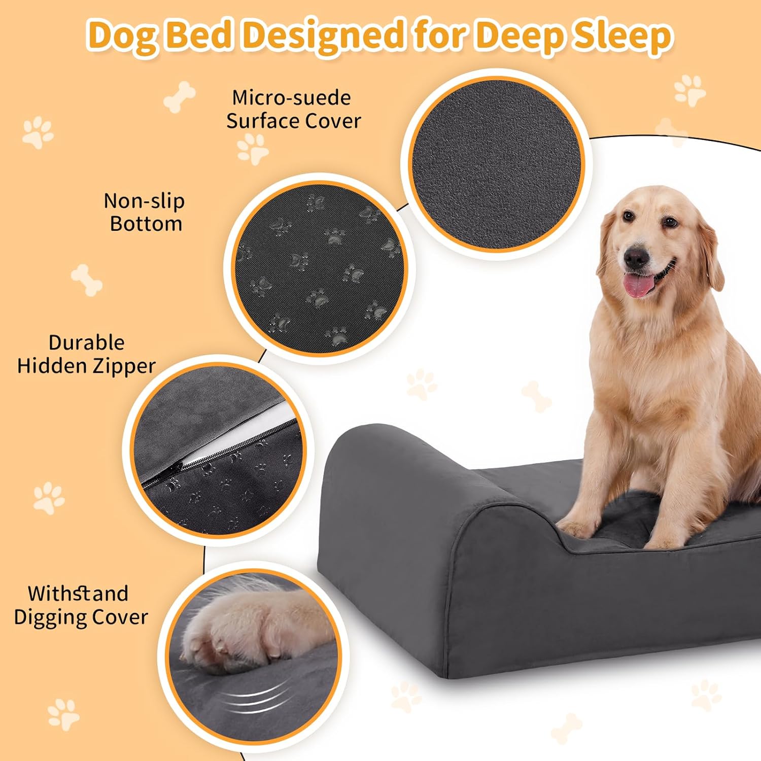Grey orthopedic memory foam dog bed for large dogs with waterproof liner and removable microsuede cover — view 3a