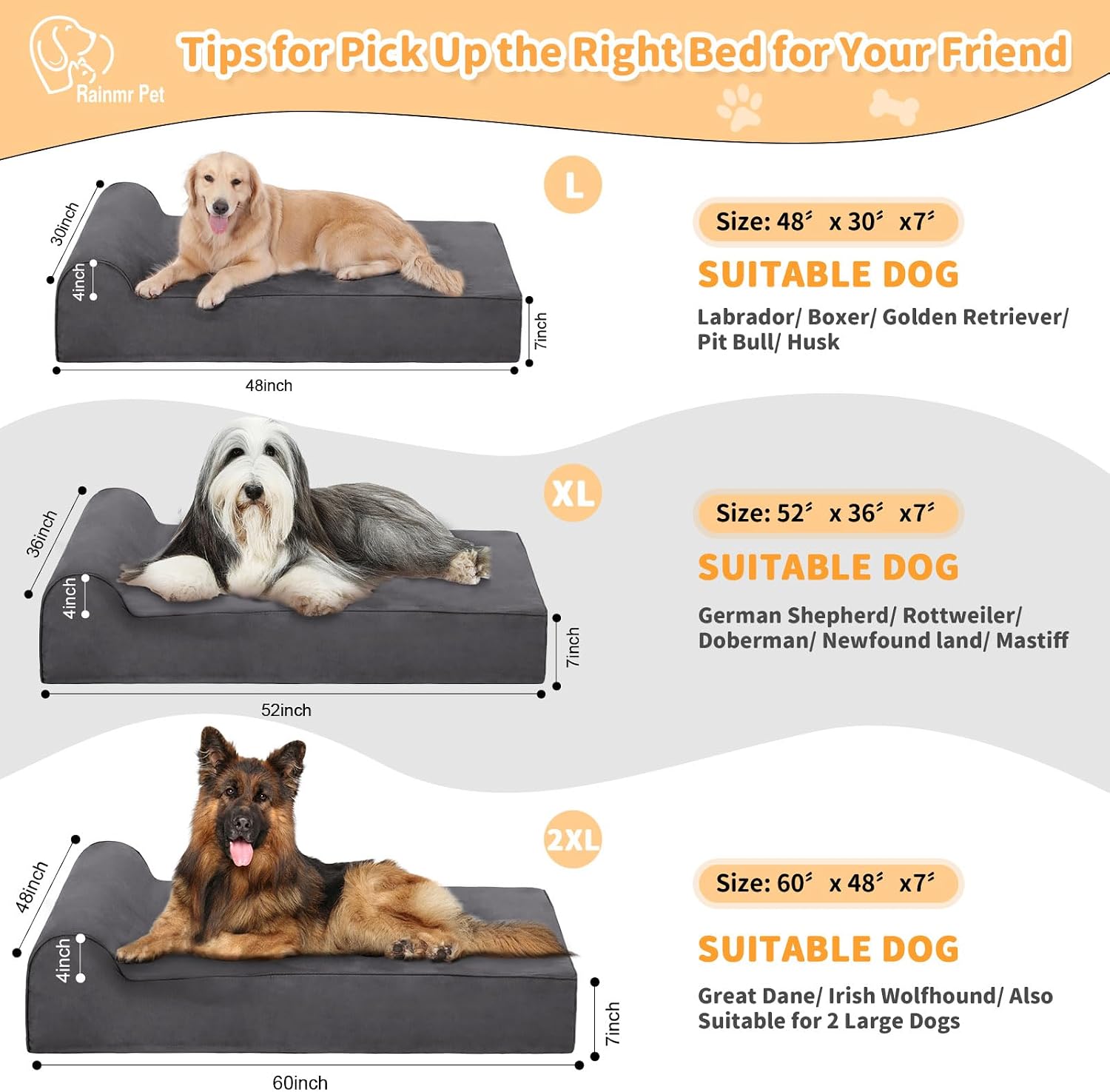 Grey orthopedic memory foam dog bed for large dogs with waterproof liner and removable microsuede cover — view 4