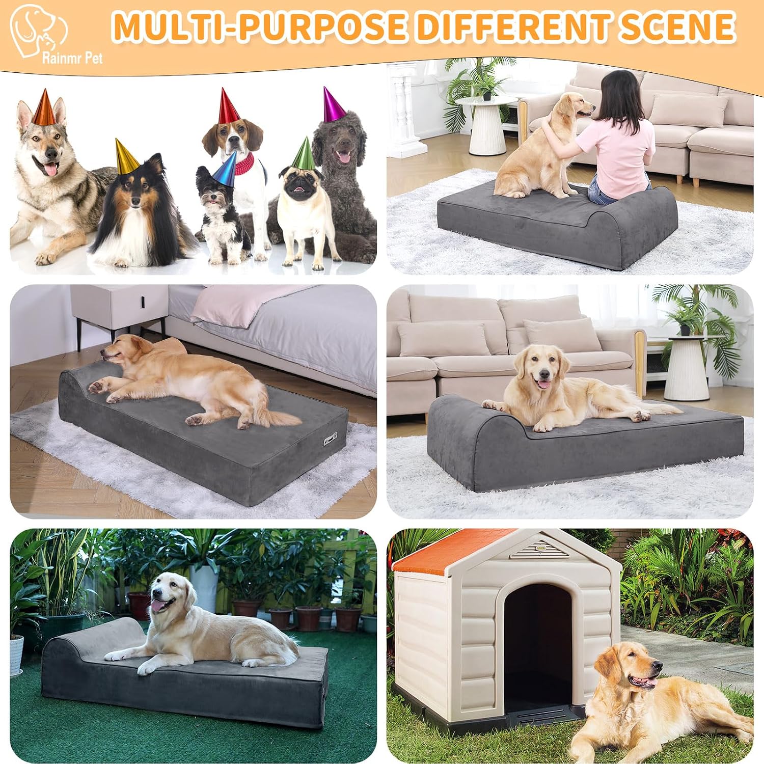 Grey orthopedic memory foam dog bed for large dogs with waterproof liner and removable microsuede cover — view 5b