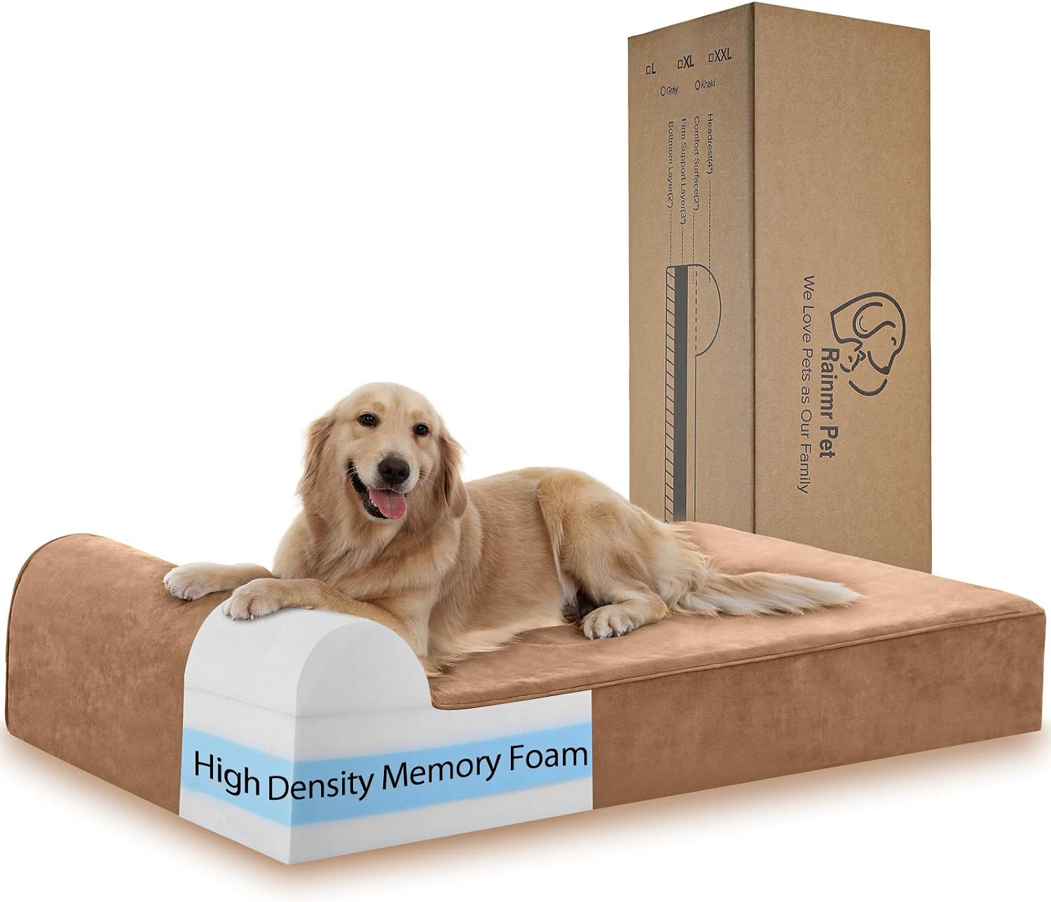 Grey orthopedic memory foam dog bed for large dogs with waterproof liner and removable microsuede cover — view 7a