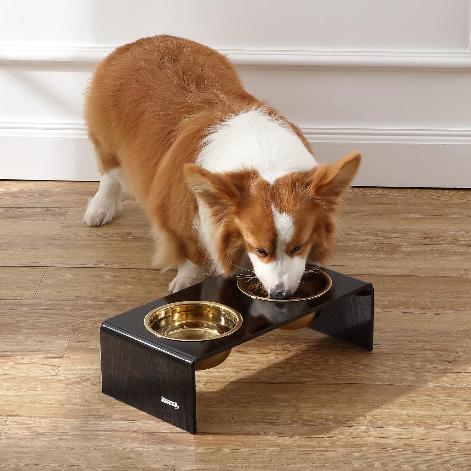 Black and gold modern lucite elevated pet feeder with dual stainless steel bowls for small dogs and cats — view 2