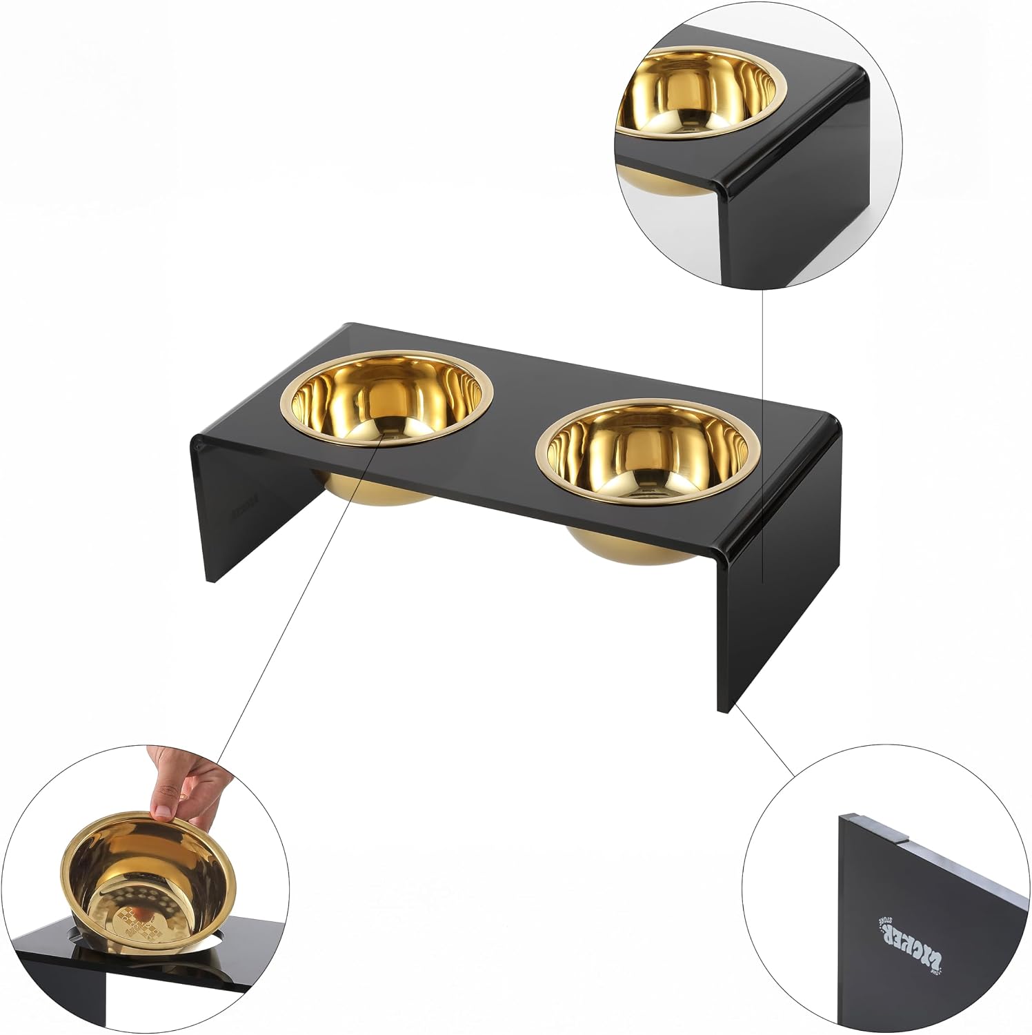 Black and gold modern lucite elevated pet feeder with dual stainless steel bowls for small dogs and cats — view 3