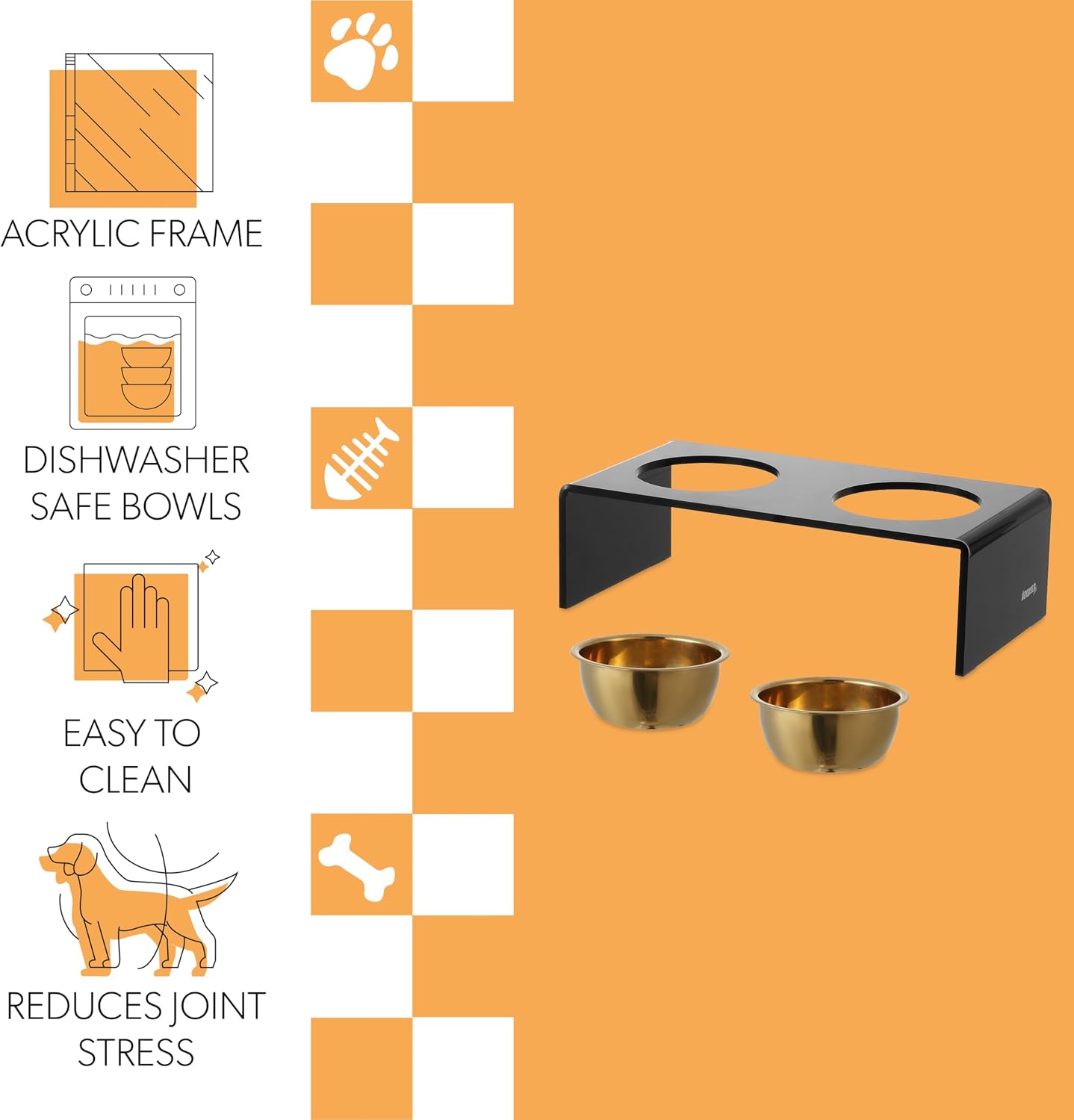 Black and gold modern lucite elevated pet feeder with dual stainless steel bowls for small dogs and cats — view 4