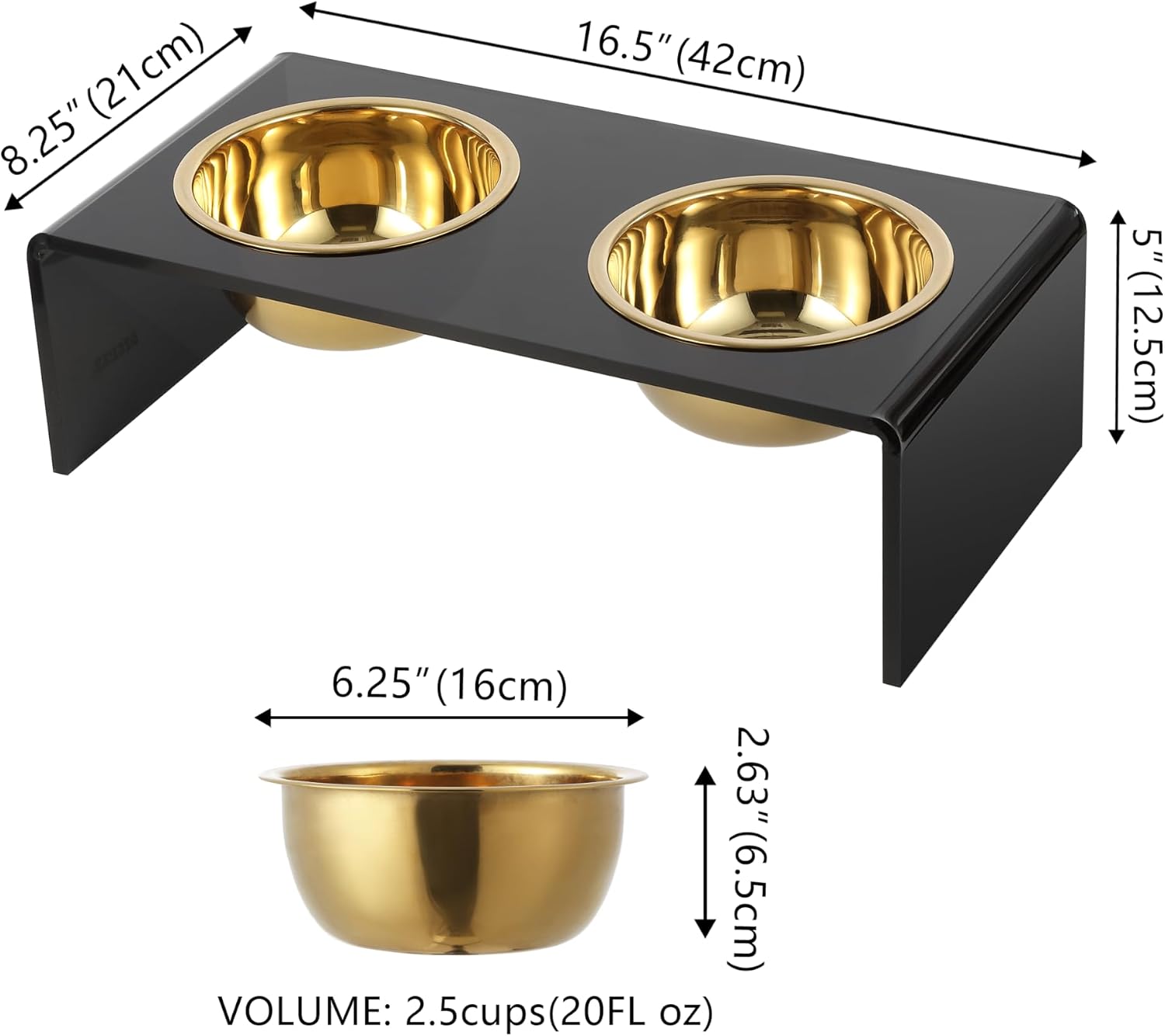 Black and gold modern lucite elevated pet feeder with dual stainless steel bowls for small dogs and cats — view 2