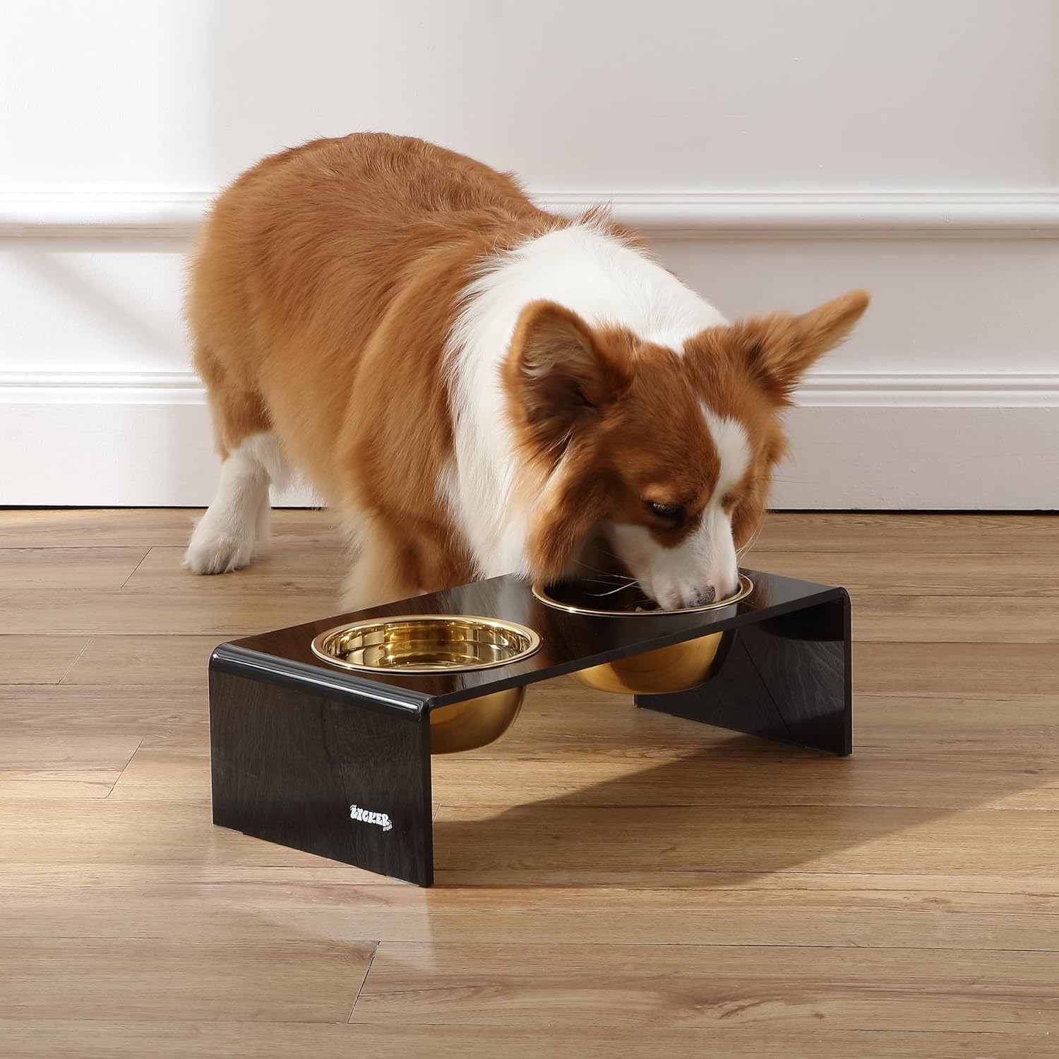 Black and gold modern lucite elevated pet feeder with dual stainless steel bowls for small dogs and cats — view 3