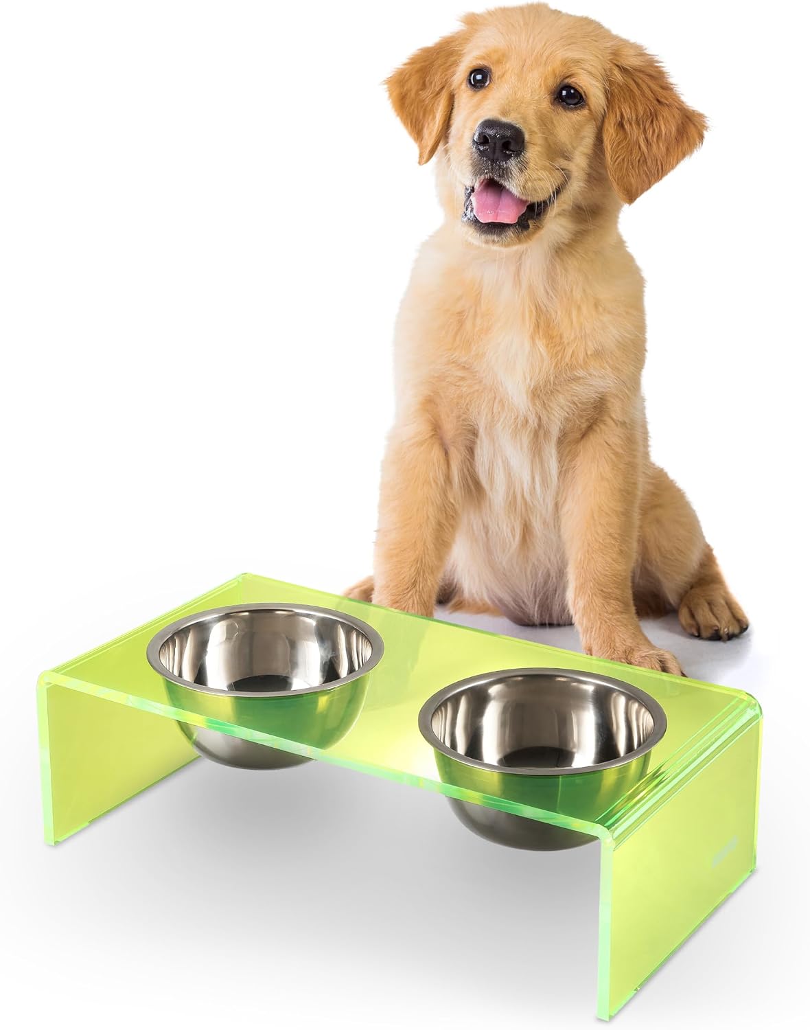 Black and gold modern lucite elevated pet feeder with dual stainless steel bowls for small dogs and cats — view 5