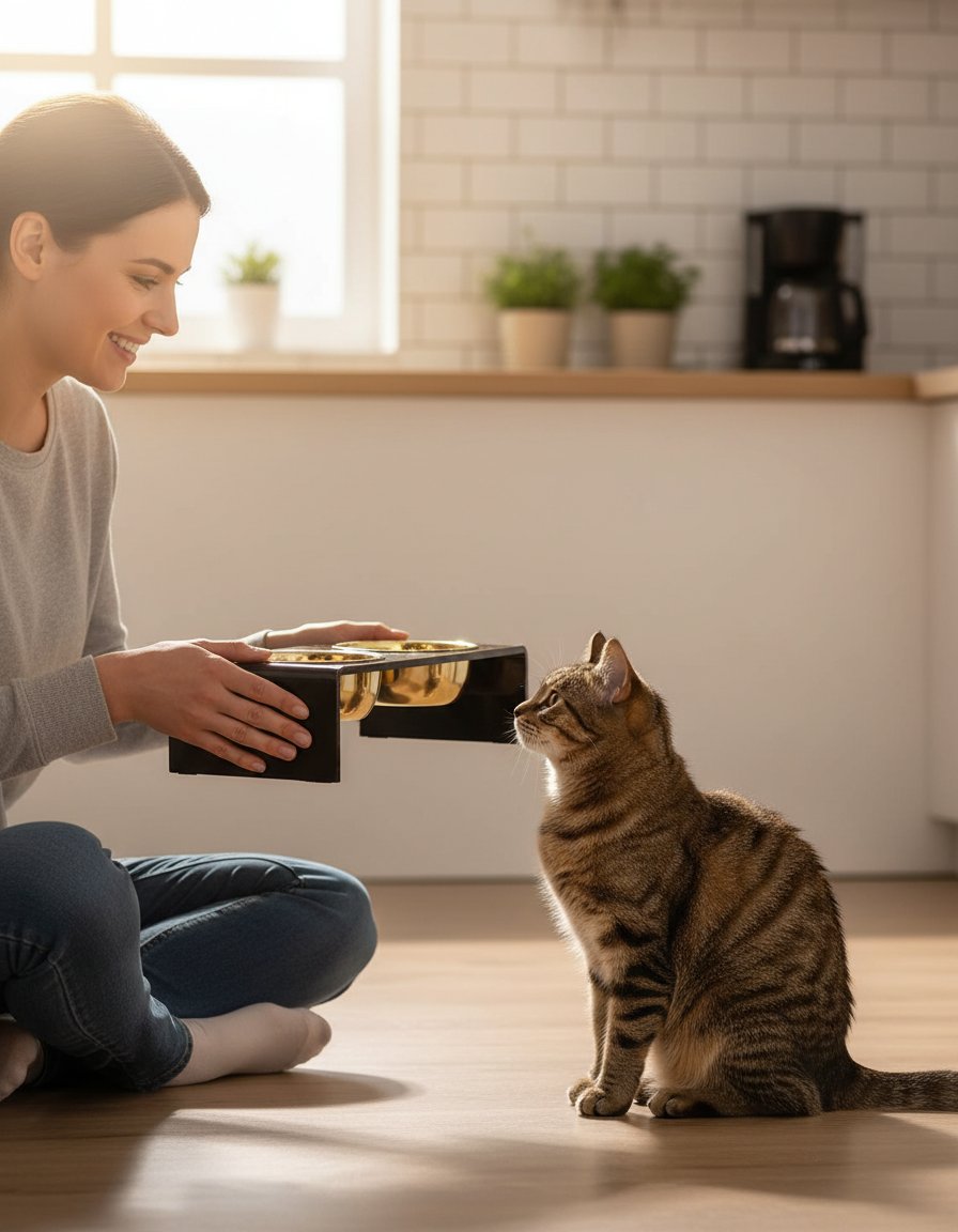 Black and gold modern lucite elevated pet feeder with dual stainless steel bowls for small dogs and cats — view 2