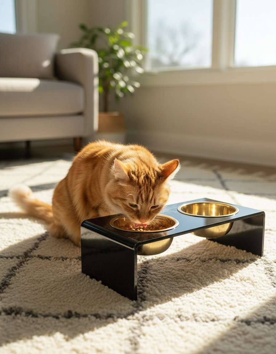 Black and gold modern lucite elevated pet feeder with dual stainless steel bowls for small dogs and cats — view 3a