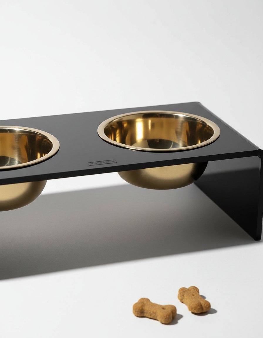 Black and gold modern lucite elevated pet feeder with dual stainless steel bowls for small dogs and cats — view 5b
