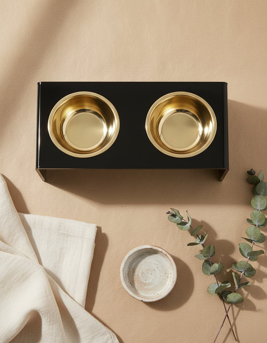 Black and gold modern lucite elevated pet feeder with dual stainless steel bowls for small dogs and cats — view 7b
