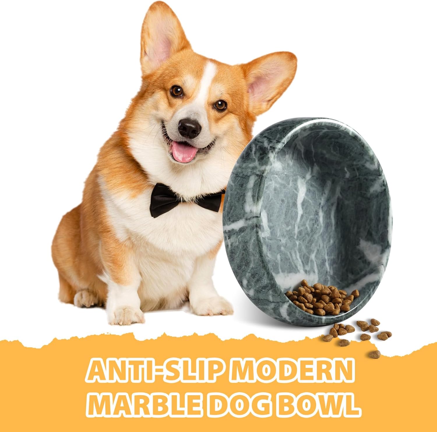 Green marble weighted dog bowl with non-slip base for large dogs — side