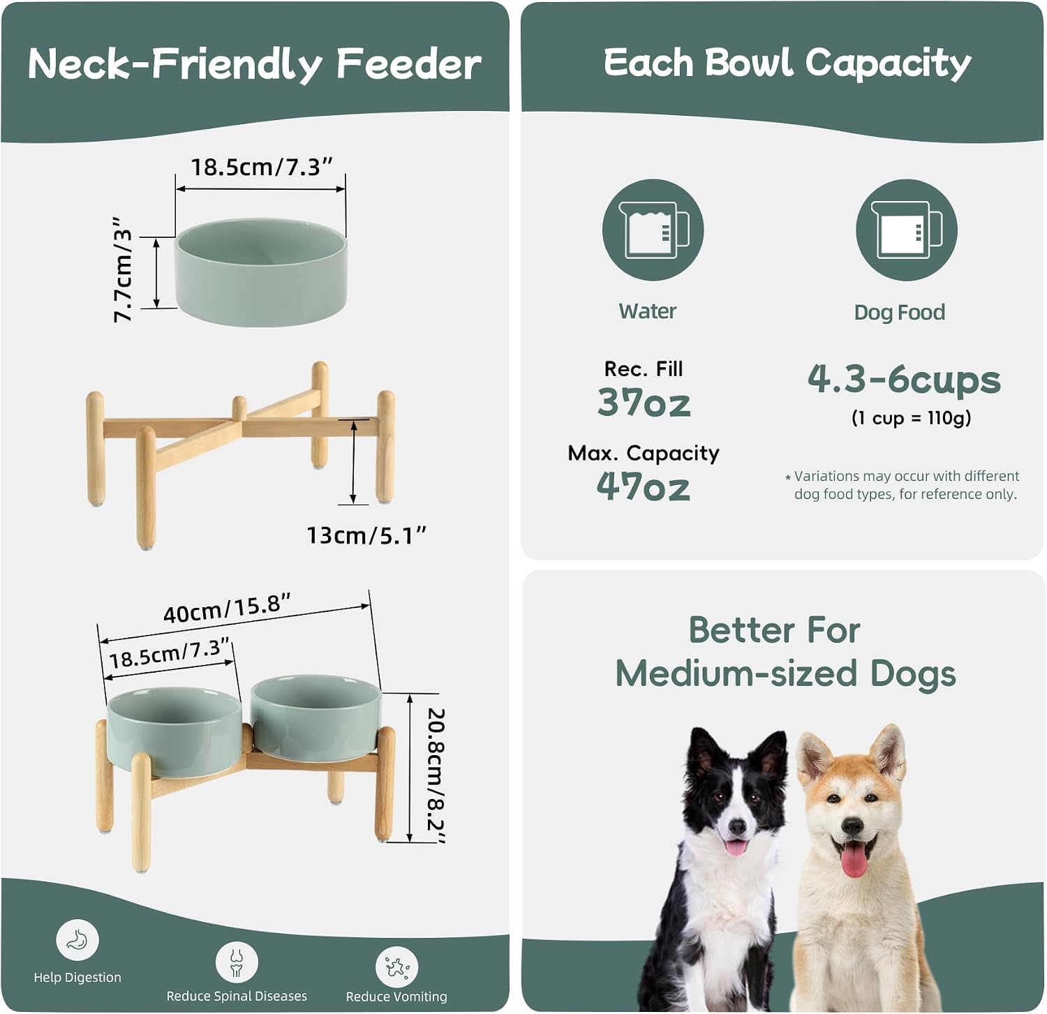 Ceramic raised double dog bowl with stand in white, elevated feeder for medium breed dogs — view 2