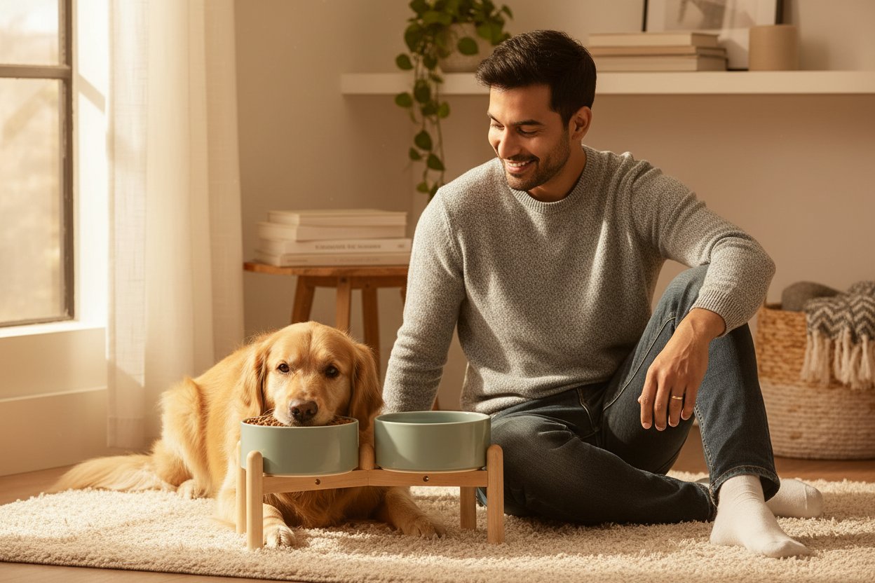 Ceramic raised double dog bowl with stand in white, elevated feeder for medium breed dogs — view 1