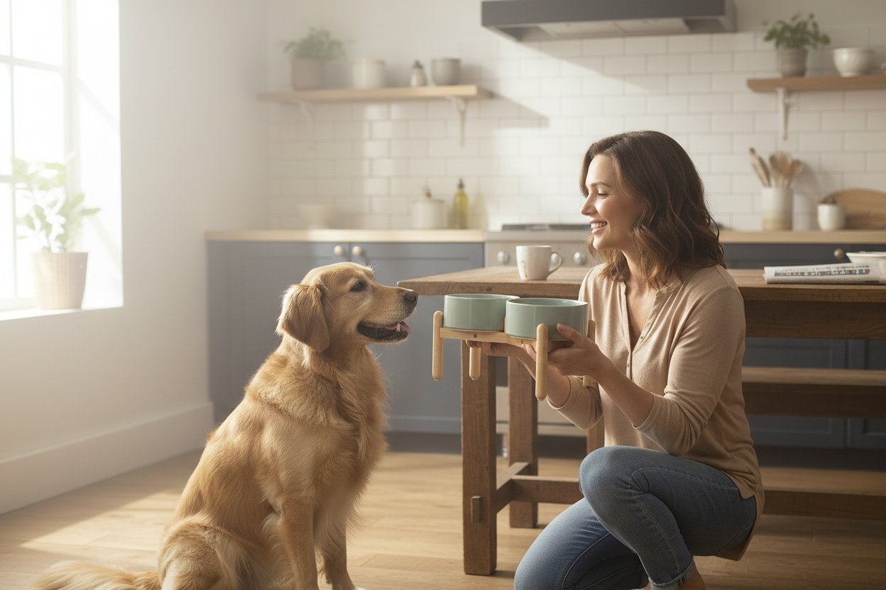 Ceramic raised double dog bowl with stand in white, elevated feeder for medium breed dogs — view 2