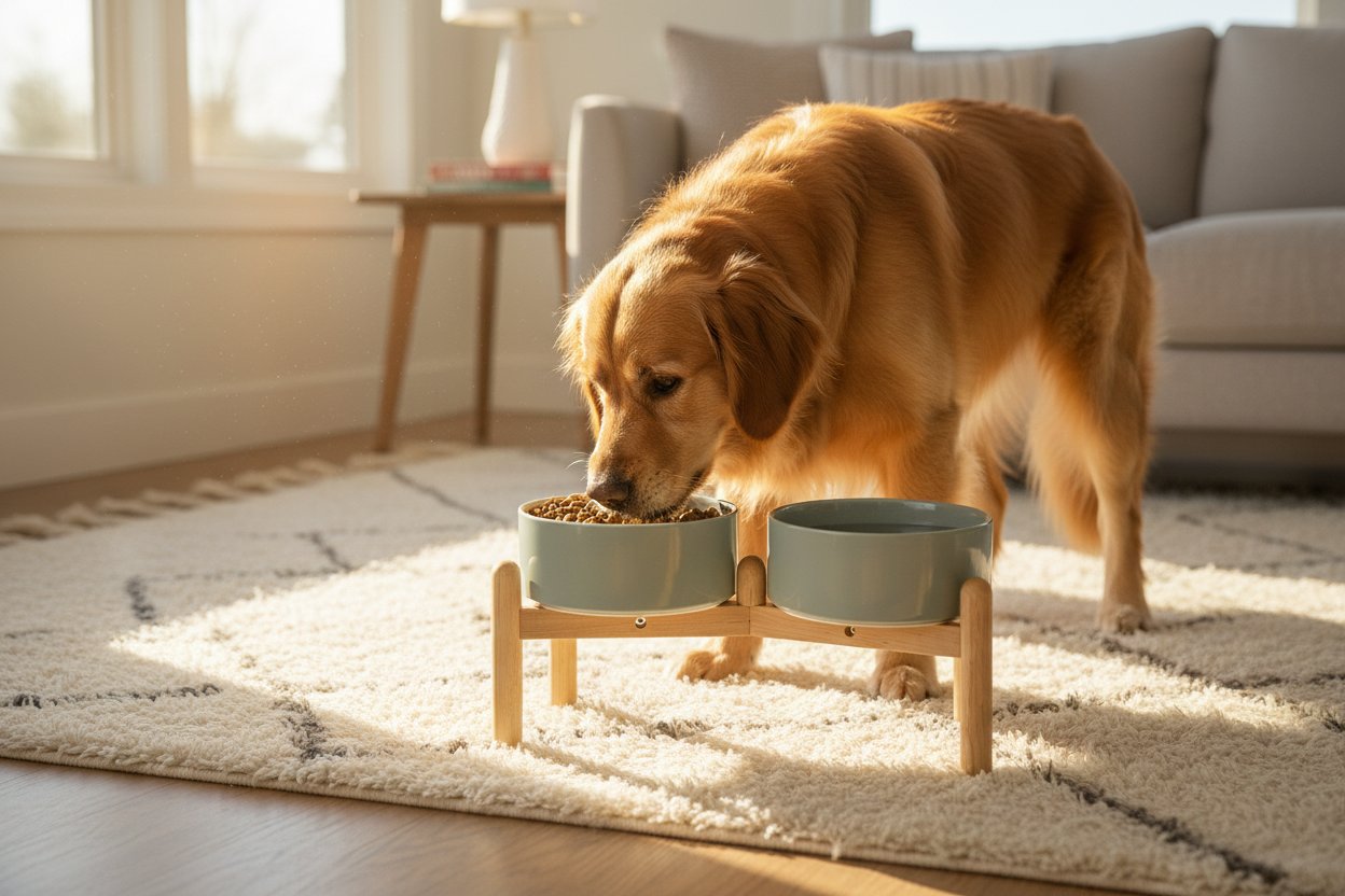 Ceramic raised double dog bowl with stand in white, elevated feeder for medium breed dogs — view 3a