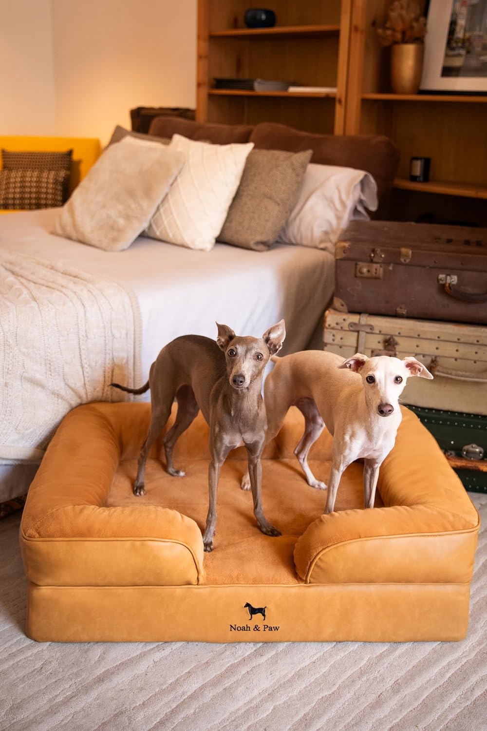 Large orthopedic dog bed with faux leather exterior and cooling gel memory foam, designed for senior dogs and joint support — view 7b