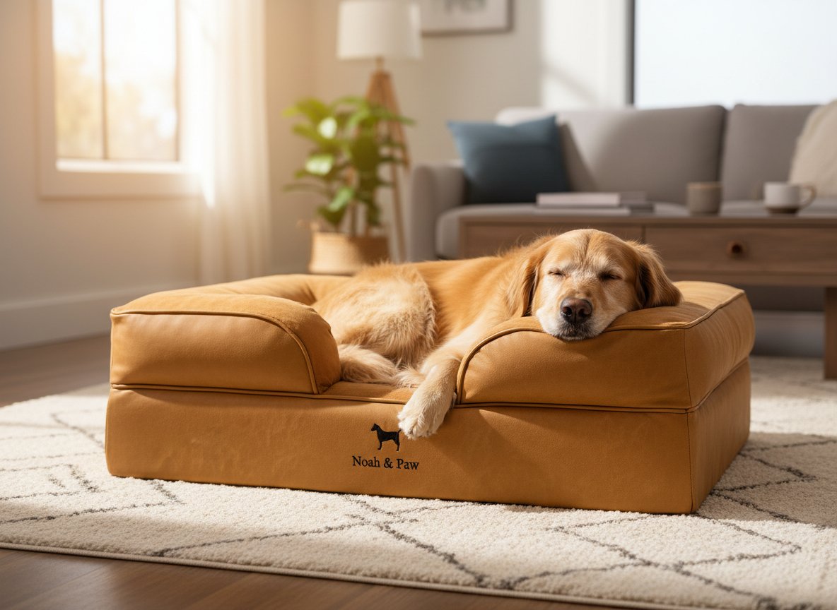 Large orthopedic dog bed with faux leather exterior and cooling gel memory foam, designed for senior dogs and joint support — view 3a