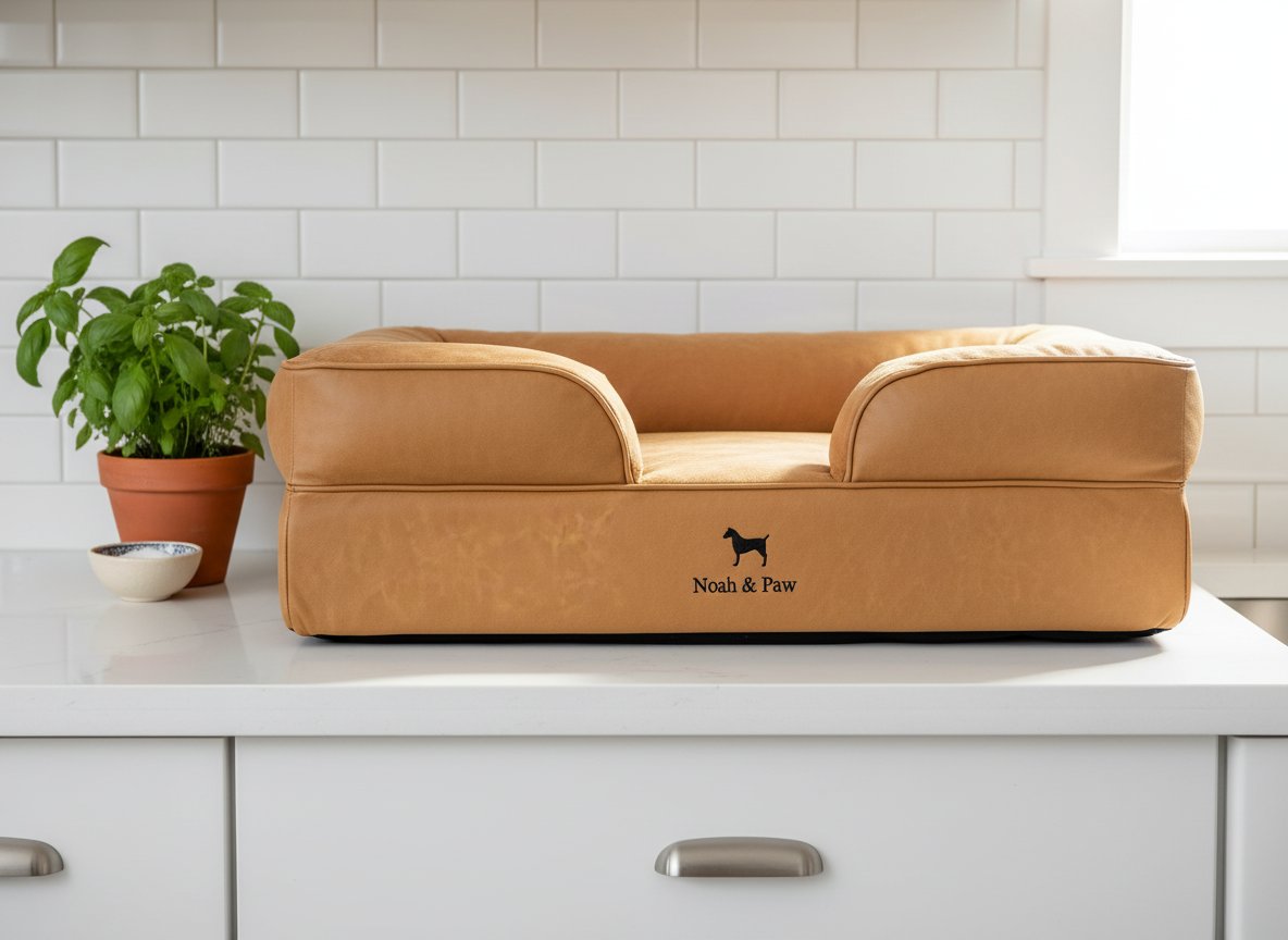 Large orthopedic dog bed with faux leather exterior and cooling gel memory foam, designed for senior dogs and joint support — view 5a
