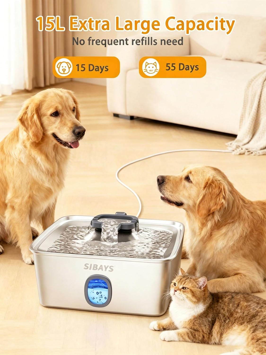 Stainless steel large automatic dog water fountain with LED light and water window display for multi-pet households โ view 3a