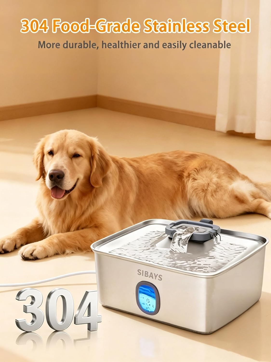 Stainless steel large automatic dog water fountain with LED light and water window display for multi-pet households โ view 3b