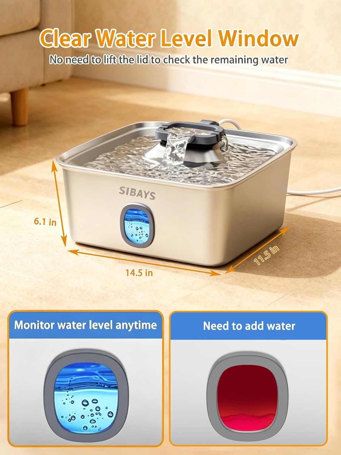 Stainless steel large automatic dog water fountain with LED light and water window display for multi-pet households โ view 5b