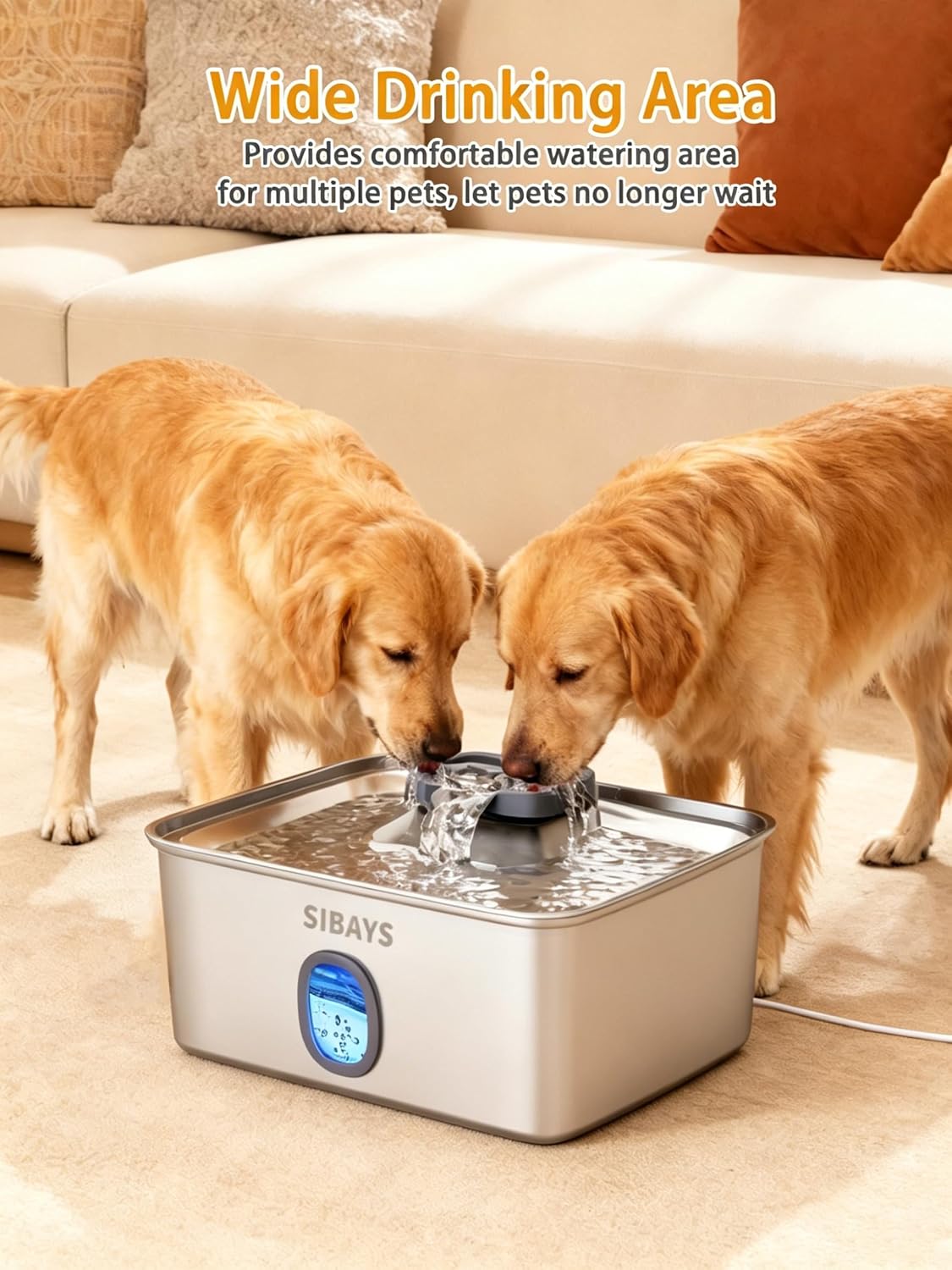 Stainless steel large automatic dog water fountain with LED light and water window display for multi-pet households โ view 6