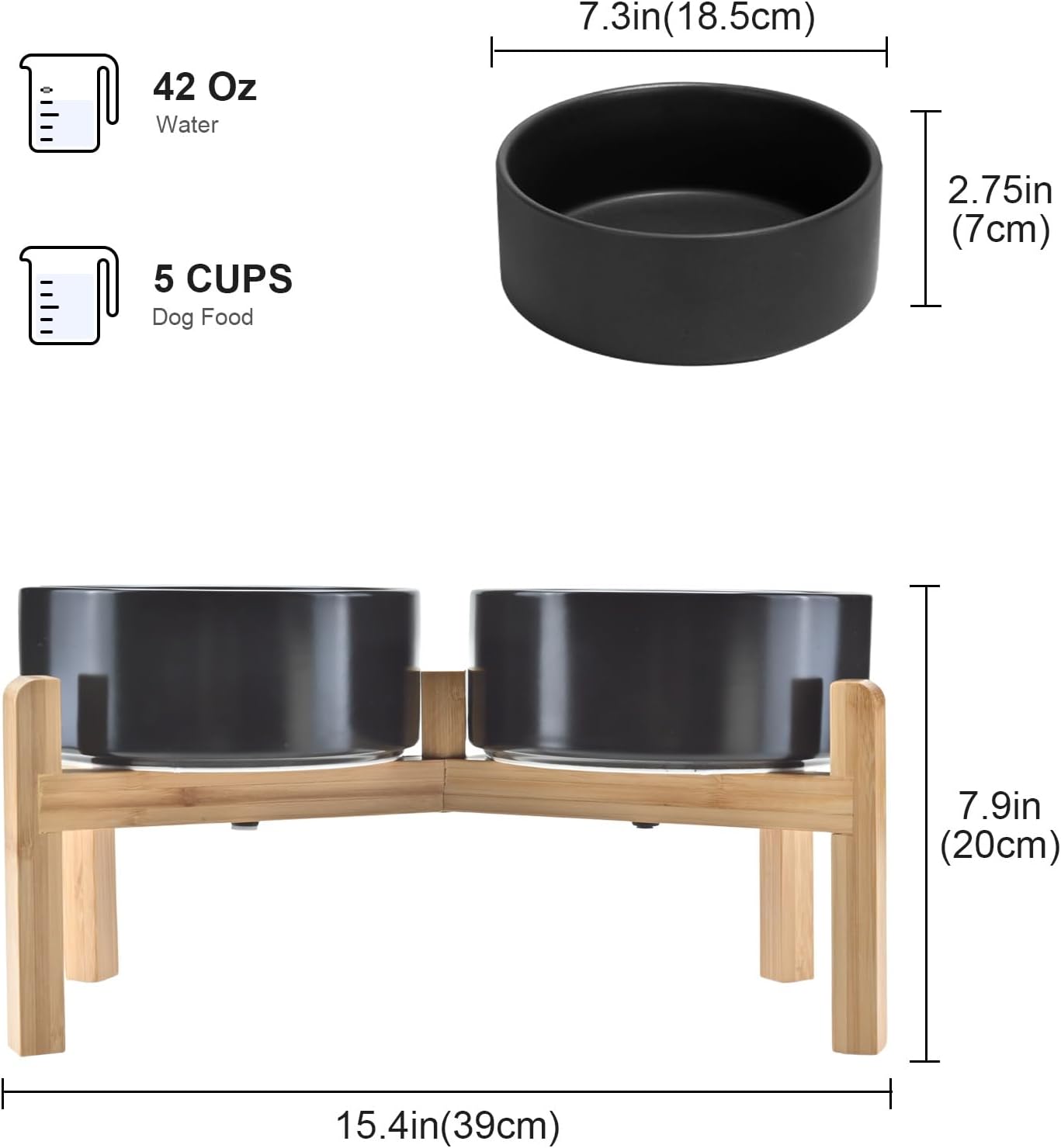Black elevated ceramic dog bowl set with bamboo stand, raised feeding bowls for medium to large dogs — view 3b
