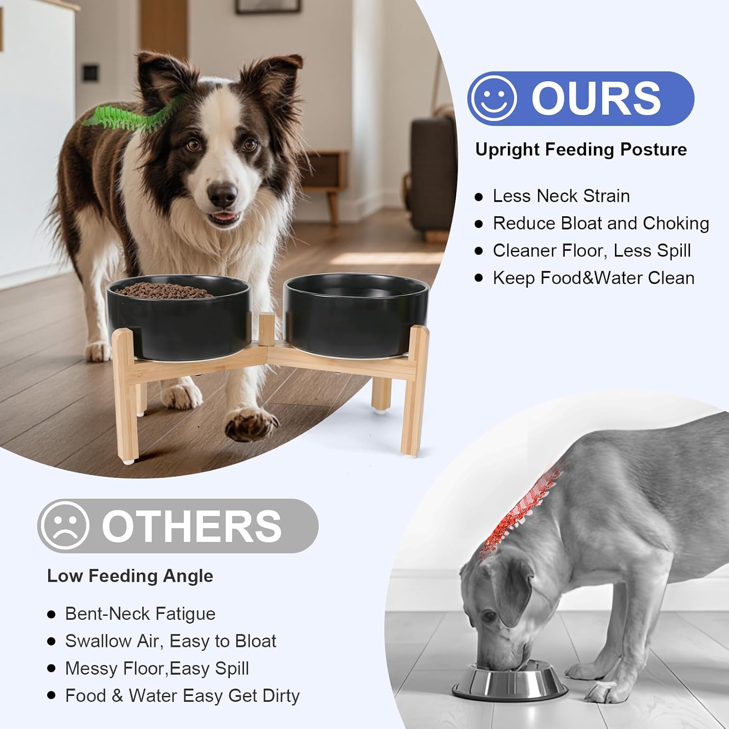 Black elevated ceramic dog bowl set with bamboo stand, raised feeding bowls for medium to large dogs — view 4