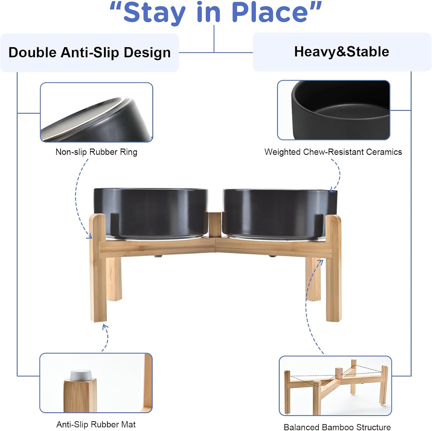 Black elevated ceramic dog bowl set with bamboo stand, raised feeding bowls for medium to large dogs — view 5b