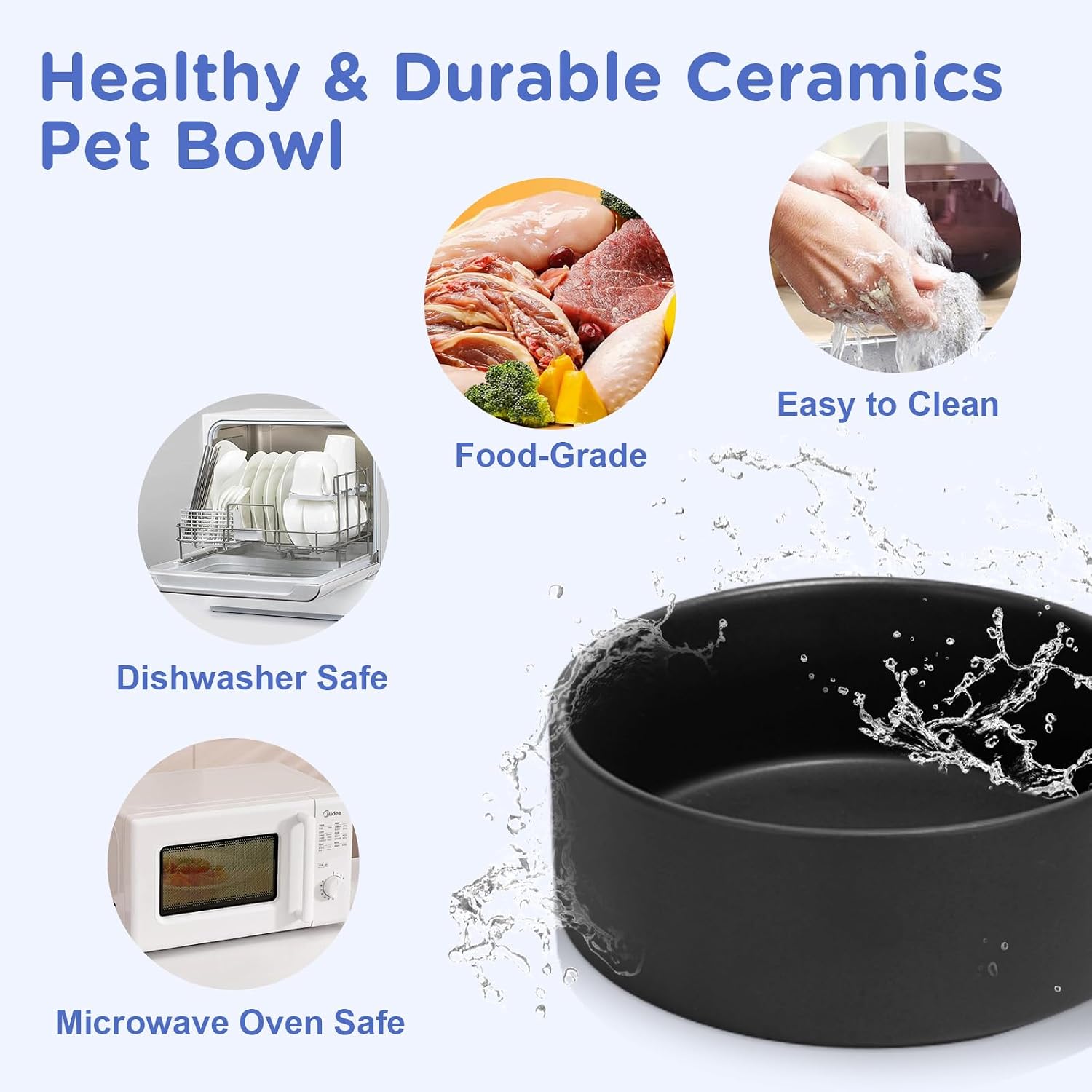 Black elevated ceramic dog bowl set with bamboo stand, raised feeding bowls for medium to large dogs — view 7a