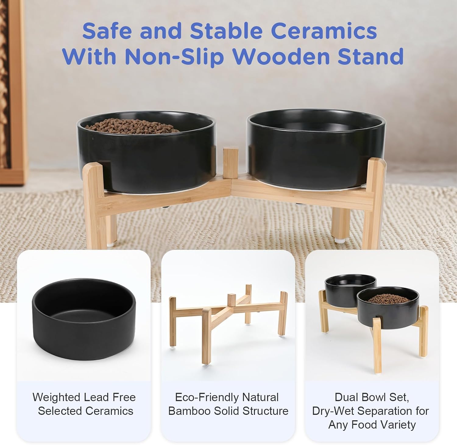 Black elevated ceramic dog bowl set with bamboo stand, raised feeding bowls for medium to large dogs — view 7b