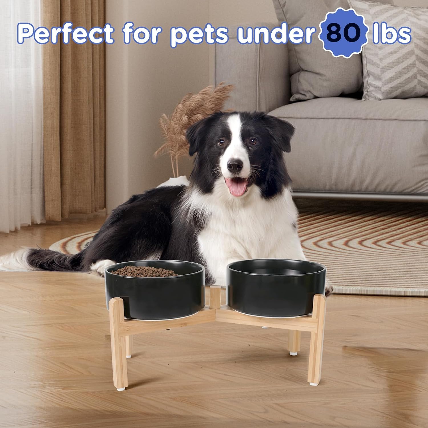 Black elevated ceramic dog bowl set with bamboo stand, raised feeding bowls for medium to large dogs — side