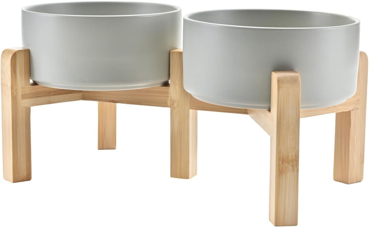 Black elevated ceramic dog bowl set with bamboo stand, raised feeding bowls for medium to large dogs — back
