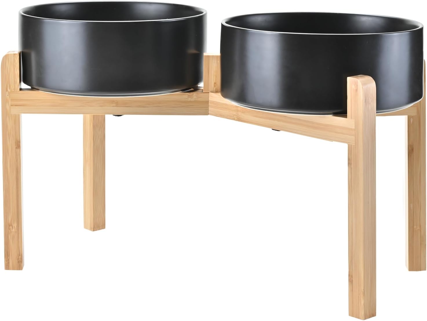 Black elevated ceramic dog bowl set with bamboo stand, raised feeding bowls for medium to large dogs — detail