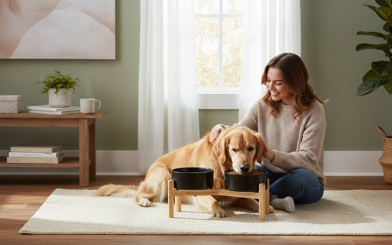 Black elevated ceramic dog bowl set with bamboo stand, raised feeding bowls for medium to large dogs — view 1