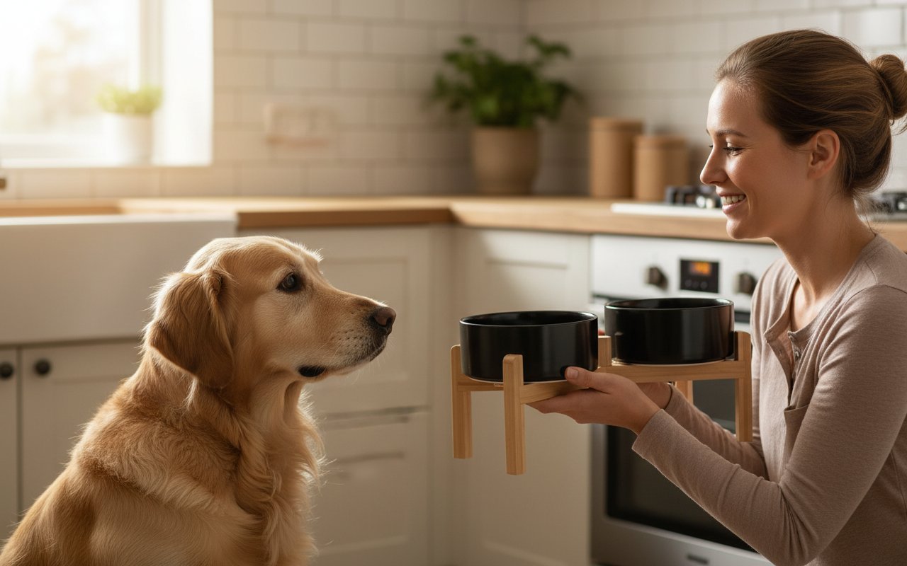 Black elevated ceramic dog bowl set with bamboo stand, raised feeding bowls for medium to large dogs — view 2