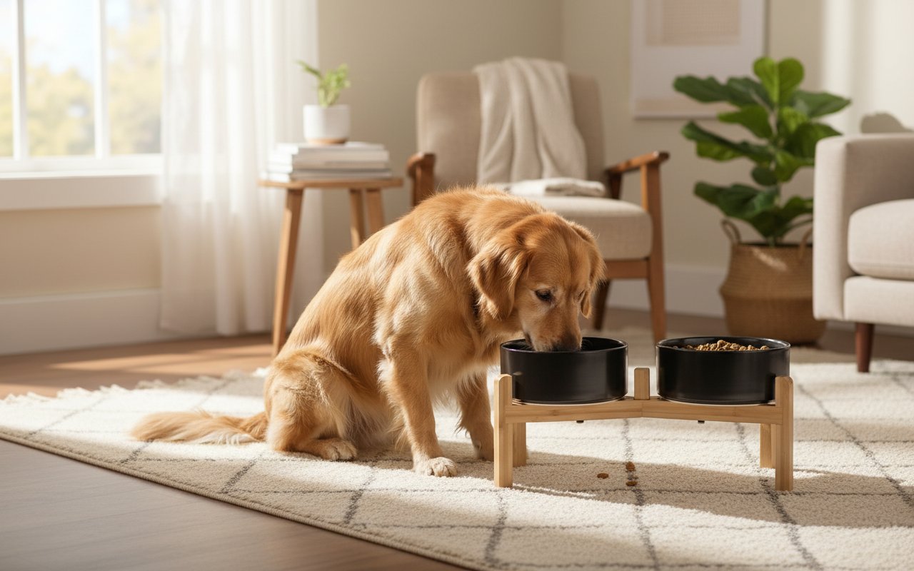 Black elevated ceramic dog bowl set with bamboo stand, raised feeding bowls for medium to large dogs — view 3a