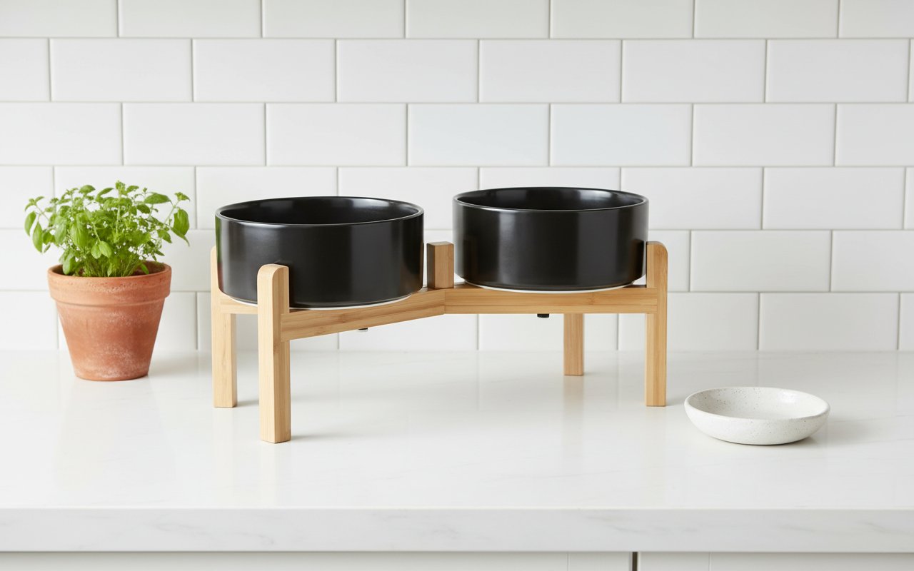 Black elevated ceramic dog bowl set with bamboo stand, raised feeding bowls for medium to large dogs — view 5a