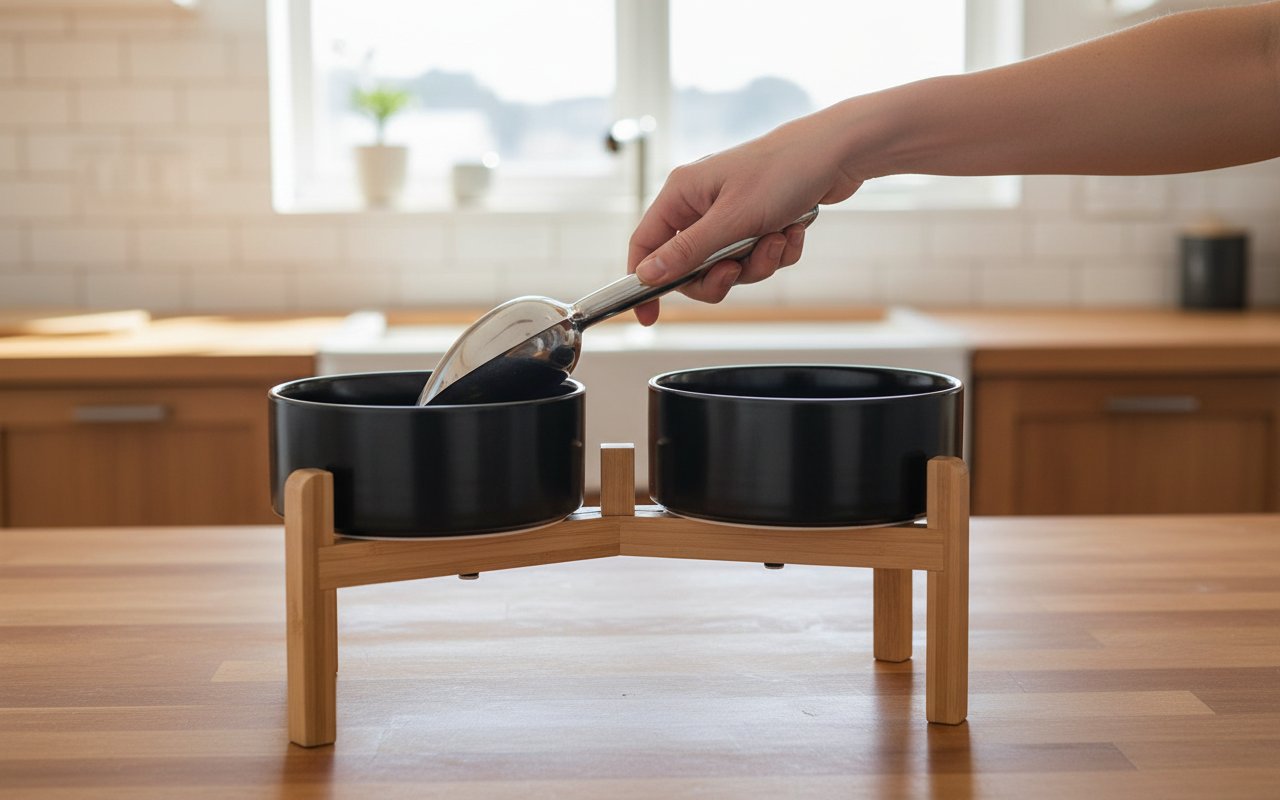 Black elevated ceramic dog bowl set with bamboo stand, raised feeding bowls for medium to large dogs — view 6