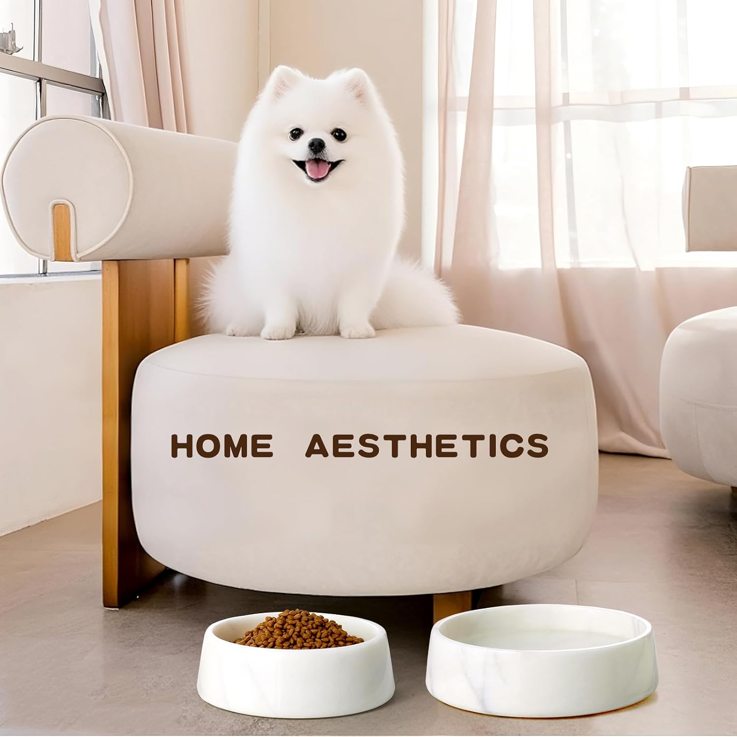 White marble dog bowl with weighted stone base, non-slip design for large dogs — view 2