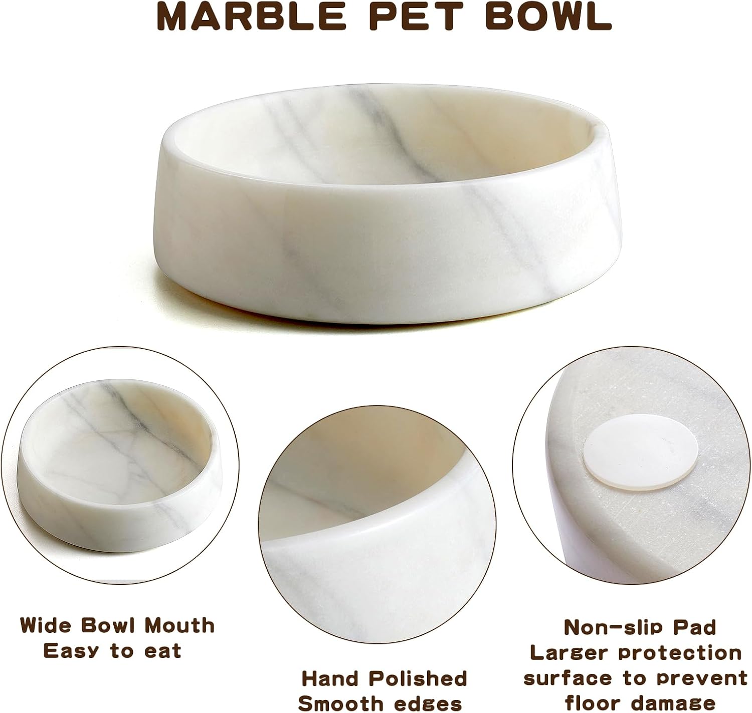 White marble dog bowl with weighted stone base, non-slip design for large dogs — view 3