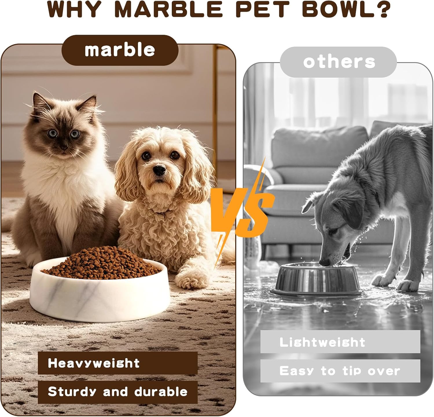 White marble dog bowl with weighted stone base, non-slip design for large dogs — view 4